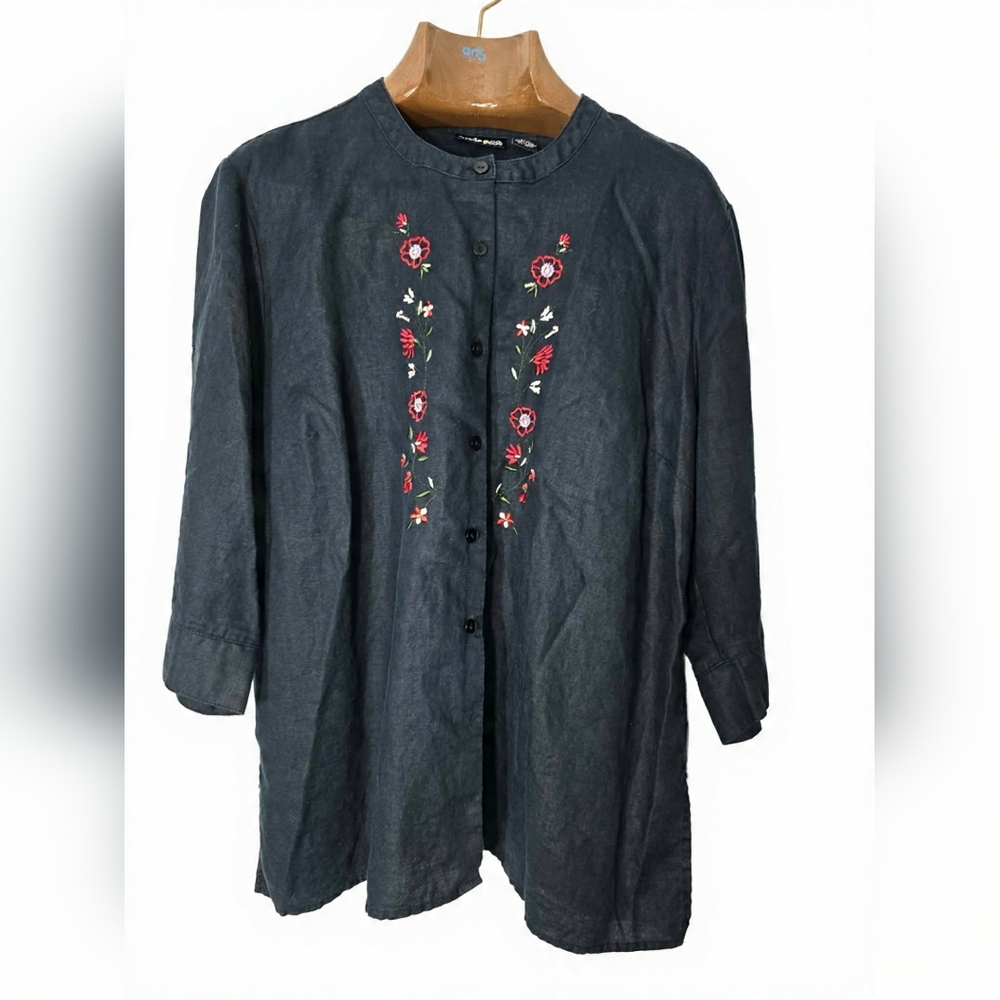 Embroidered Black Linen Button-Up Women's Top Prairie Coastal Office Outing